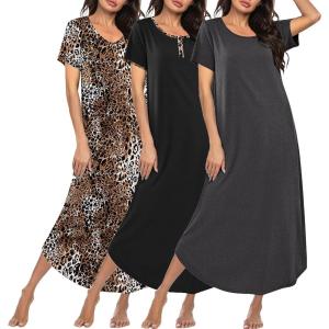 image:imageEkouaer 3 Pack Long Nightgowns for Women Plus Size Moo Moos Short Sleeve House Dress Button Night Gown Soft Sleepwear S5XLLeopardBlackDark Grey