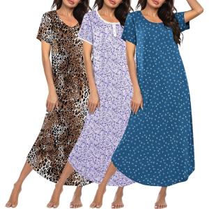 image:imageEkouaer 3 Pack Long Nightgowns for Women Plus Size Moo Moos Short Sleeve House Dress Button Night Gown Soft Sleepwear S5XLLeopardPurple FloralBlue Dog Footprints