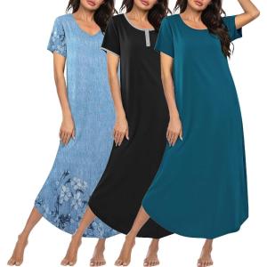 image:imageEkouaer 3 Pack Long Nightgowns for Women Plus Size Moo Moos Short Sleeve House Dress Button Night Gown Soft Sleepwear S5XLLigth Blue FloralBlackBlue Green