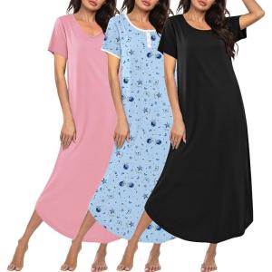 image:imageEkouaer 3 Pack Long Nightgowns for Women Plus Size Moo Moos Short Sleeve House Dress Button Night Gown Soft Sleepwear S5XLPinkBlue StarBlack