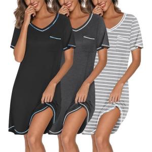 image:imageEkouaer 3 Pack Nightgowns for Women Short Sleeve Sleep Shirts T Shirt Night Gown V Neck Nightshirts Soft Sleepwear DressBlackDark GreyLight Grey Stripes