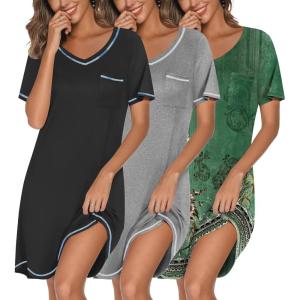 image:imageEkouaer 3 Pack Nightgowns for Women Short Sleeve Sleep Shirts T Shirt Night Gown V Neck Nightshirts Soft Sleepwear DressBlackGreyFloral Green