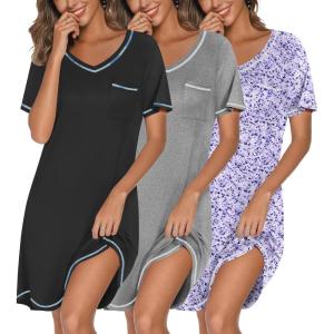 image:imageEkouaer 3 Pack Nightgowns for Women Short Sleeve Sleep Shirts T Shirt Night Gown V Neck Nightshirts Soft Sleepwear DressBlackGreyFloral Purple