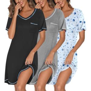 image:imageEkouaer 3 Pack Nightgowns for Women Short Sleeve Sleep Shirts T Shirt Night Gown V Neck Nightshirts Soft Sleepwear DressBlackGreyMoon Star