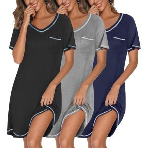 image:imageEkouaer 3 Pack Nightgowns for Women Short Sleeve Sleep Shirts T Shirt Night Gown V Neck Nightshirts Soft Sleepwear DressBlackGreyNavy Blue