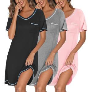 image:imageEkouaer 3 Pack Nightgowns for Women Short Sleeve Sleep Shirts T Shirt Night Gown V Neck Nightshirts Soft Sleepwear DressBlackGreyPink