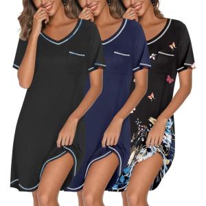 image:imageEkouaer 3 Pack Nightgowns for Women Short Sleeve Sleep Shirts T Shirt Night Gown V Neck Nightshirts Soft Sleepwear DressBlackNavy BlueButterfly