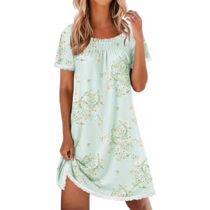 image:imageEkouaer Cotton Nightgowns for Women Pleated Sleep Shirts Short Sleeve Night Shirt Lace Trim Sleep Dress Ladies GownFloral Mint Green