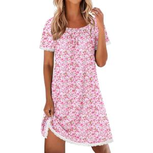 image:imageEkouaer Cotton Nightgowns for Women Pleated Sleep Shirts Short Sleeve Night Shirt Lace Trim Sleep Dress Ladies GownFloral Pink