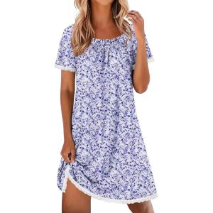 image:imageEkouaer Cotton Nightgowns for Women Pleated Sleep Shirts Short Sleeve Night Shirt Lace Trim Sleep Dress Ladies GownFloral Purple