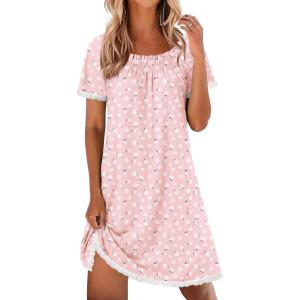 image:imageEkouaer Cotton Nightgowns for Women Pleated Sleep Shirts Short Sleeve Night Shirt Lace Trim Sleep Dress Ladies GownFloral White