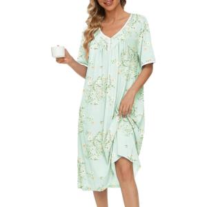 image:imageEkouaer Cotton Nightgowns for Women Short Sleeve Night Gown V Neck Button Sleep Shirt Soft House DressGreen Little Flower