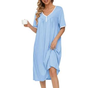 image:imageEkouaer Cotton Nightgowns for Women Short Sleeve Night Gown V Neck Button Sleep Shirt Soft House DressLight Blue