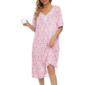image:imageEkouaer Cotton Nightgowns for Women Short Sleeve Night Gown V Neck Button Sleep Shirt Soft House DressPink Floral