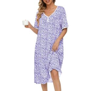 image:imageEkouaer Cotton Nightgowns for Women Short Sleeve Night Gown V Neck Button Sleep Shirt Soft House DressPurple Floral