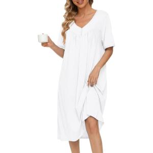 image:imageEkouaer Cotton Nightgowns for Women Short Sleeve Night Gown V Neck Button Sleep Shirt Soft House DressWhite