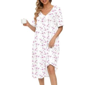 image:imageEkouaer Cotton Nightgowns for Women Short Sleeve Night Gown V Neck Button Sleep Shirt Soft House DressWhite Pink Floral