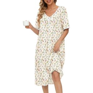 image:imageEkouaer Cotton Nightgowns for Women Short Sleeve Night Gown V Neck Button Sleep Shirt Soft House DressYellow Floral