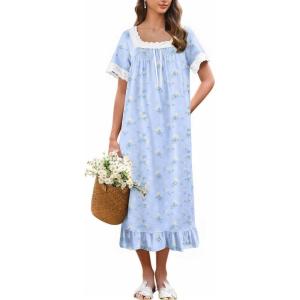 image:imageEkouaer Cotton Nightgowns for Women Vintage Victorian Nightgown Short Sleeve Lace Night Gown Long Nightdress Soft NightshirtBlue Flowers