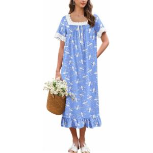 image:imageEkouaer Cotton Nightgowns for Women Vintage Victorian Nightgown Short Sleeve Lace Night Gown Long Nightdress Soft NightshirtBlue Pigeons