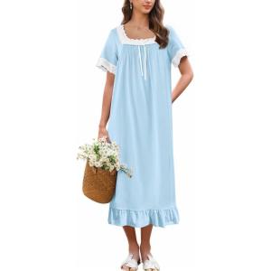 image:imageEkouaer Cotton Nightgowns for Women Vintage Victorian Nightgown Short Sleeve Lace Night Gown Long Nightdress Soft NightshirtCyan