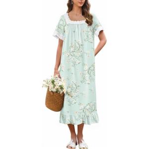 image:imageEkouaer Cotton Nightgowns for Women Vintage Victorian Nightgown Short Sleeve Lace Night Gown Long Nightdress Soft NightshirtGreen Flowers