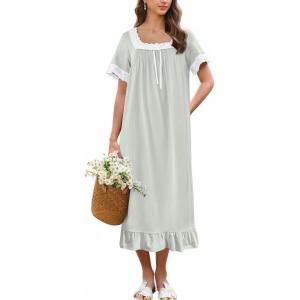 image:imageEkouaer Cotton Nightgowns for Women Vintage Victorian Nightgown Short Sleeve Lace Night Gown Long Nightdress Soft NightshirtLight Green