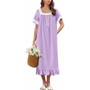 image:imageEkouaer Cotton Nightgowns for Women Vintage Victorian Nightgown Short Sleeve Lace Night Gown Long Nightdress Soft NightshirtLight Purple
