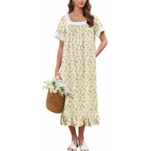 image:imageEkouaer Cotton Nightgowns for Women Vintage Victorian Nightgown Short Sleeve Lace Night Gown Long Nightdress Soft NightshirtLight Yellow Flowers
