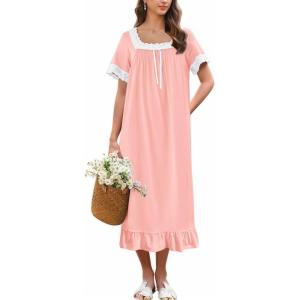 image:imageEkouaer Cotton Nightgowns for Women Vintage Victorian Nightgown Short Sleeve Lace Night Gown Long Nightdress Soft NightshirtPink