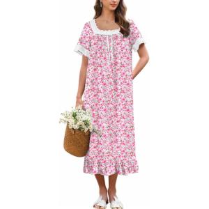 image:imageEkouaer Cotton Nightgowns for Women Vintage Victorian Nightgown Short Sleeve Lace Night Gown Long Nightdress Soft NightshirtPink Flowers