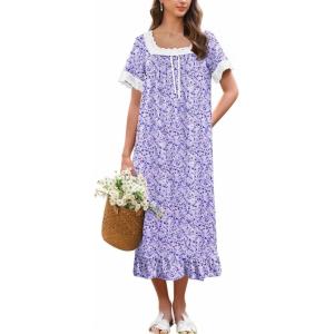 image:imageEkouaer Cotton Nightgowns for Women Vintage Victorian Nightgown Short Sleeve Lace Night Gown Long Nightdress Soft NightshirtPurple Flowers