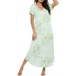 image:imageEkouaer Long Nightgowns for Women Bamboo Viscose Sleepshirt Short Sleeve Night Gown V Neck House DressFloral Mint Green