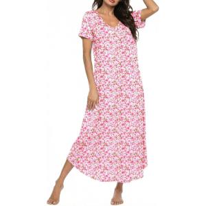 image:imageEkouaer Long Nightgowns for Women Bamboo Viscose Sleepshirt Short Sleeve Night Gown V Neck House DressFloral Pink