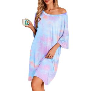 image:imageEkouaer Nightgowns for Women Bamboo Viscose Night Gowns Plus Size Sleep Shirts Short Sleeve Night Shirts Soft SleepwearBlue  Purple Tie Dye