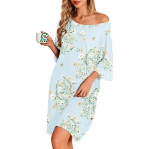image:imageEkouaer Nightgowns for Women Bamboo Viscose Night Gowns Plus Size Sleep Shirts Short Sleeve Night Shirts Soft SleepwearCyan White Florals