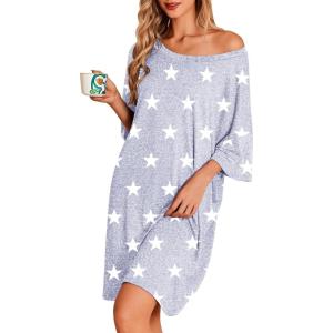 image:imageEkouaer Nightgowns for Women Bamboo Viscose Night Gowns Plus Size Sleep Shirts Short Sleeve Night Shirts Soft SleepwearGrey White Stars