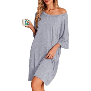 image:imageEkouaer Nightgowns for Women Bamboo Viscose Night Gowns Plus Size Sleep Shirts Short Sleeve Night Shirts Soft SleepwearLight Grey