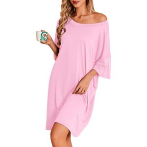 image:imageEkouaer Nightgowns for Women Bamboo Viscose Night Gowns Plus Size Sleep Shirts Short Sleeve Night Shirts Soft SleepwearPink
