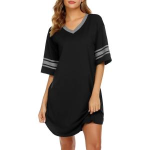 image:imageEkouaer Nightgowns for Women Bamboo Viscose Nightgown Short Sleeve Sleep Shirts V Neck Nightshirt Soft SleepwearBlack