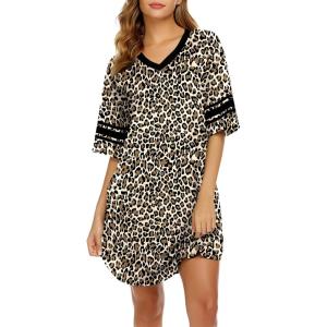 image:imageEkouaer Nightgowns for Women Bamboo Viscose Nightgown Short Sleeve Sleep Shirts V Neck Nightshirt Soft SleepwearLeopard