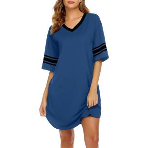 image:imageEkouaer Nightgowns for Women Bamboo Viscose Nightgown Short Sleeve Sleep Shirts V Neck Nightshirt Soft SleepwearNavy