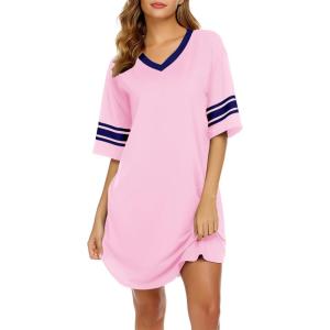 image:imageEkouaer Nightgowns for Women Bamboo Viscose Nightgown Short Sleeve Sleep Shirts V Neck Nightshirt Soft SleepwearPink