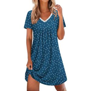 image:imageEkouaer Nightgowns for Women Cotton Night Gowns Short Sleeve Pleated Sleep Shirts Lace Trim Moo Moos Ladies SleepwearDog Footprints