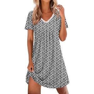 image:imageEkouaer Nightgowns for Women Cotton Night Gowns Short Sleeve Pleated Sleep Shirts Lace Trim Moo Moos Ladies SleepwearFloral Black