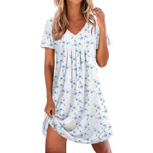 image:imageEkouaer Nightgowns for Women Cotton Night Gowns Short Sleeve Pleated Sleep Shirts Lace Trim Moo Moos Ladies SleepwearFloral Blue White