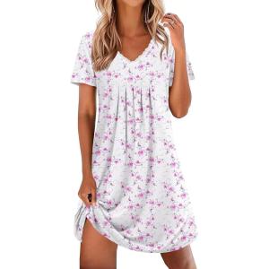 image:imageEkouaer Nightgowns for Women Cotton Night Gowns Short Sleeve Pleated Sleep Shirts Lace Trim Moo Moos Ladies SleepwearFloral Pink White