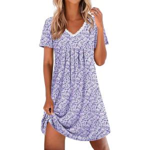 image:imageEkouaer Nightgowns for Women Cotton Night Gowns Short Sleeve Pleated Sleep Shirts Lace Trim Moo Moos Ladies SleepwearFloral Purple