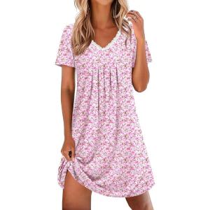 image:imageEkouaer Nightgowns for Women Cotton Night Gowns Short Sleeve Pleated Sleep Shirts Lace Trim Moo Moos Ladies SleepwearFlowers Pink