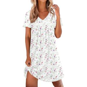 image:imageEkouaer Nightgowns for Women Cotton Night Gowns Short Sleeve Pleated Sleep Shirts Lace Trim Moo Moos Ladies SleepwearFlowers White